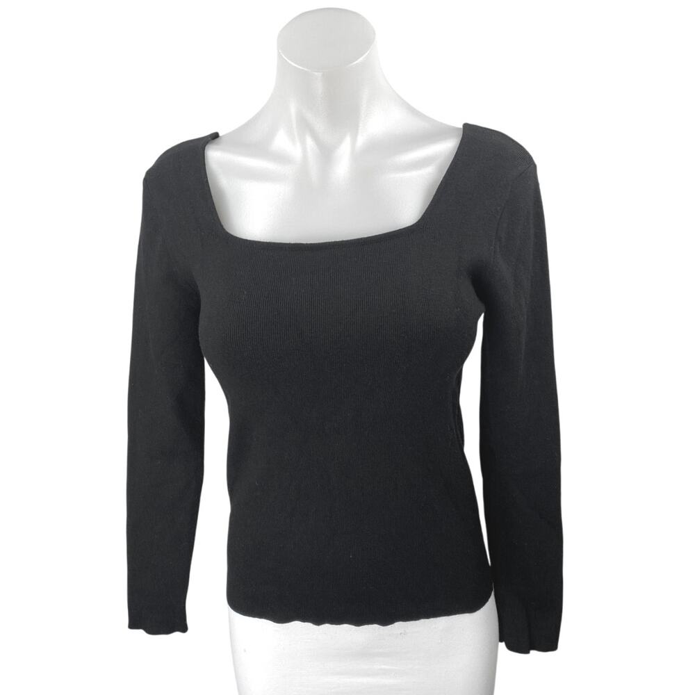 Pink Martini Women's Black Rib Knit Long Sleeve Square Neck Sweater Top Size XS